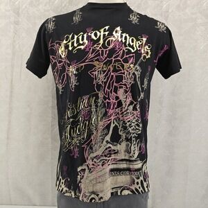 Christian Audigier Graphic T-Shirt Mens Medium Black Excellent City of Angels